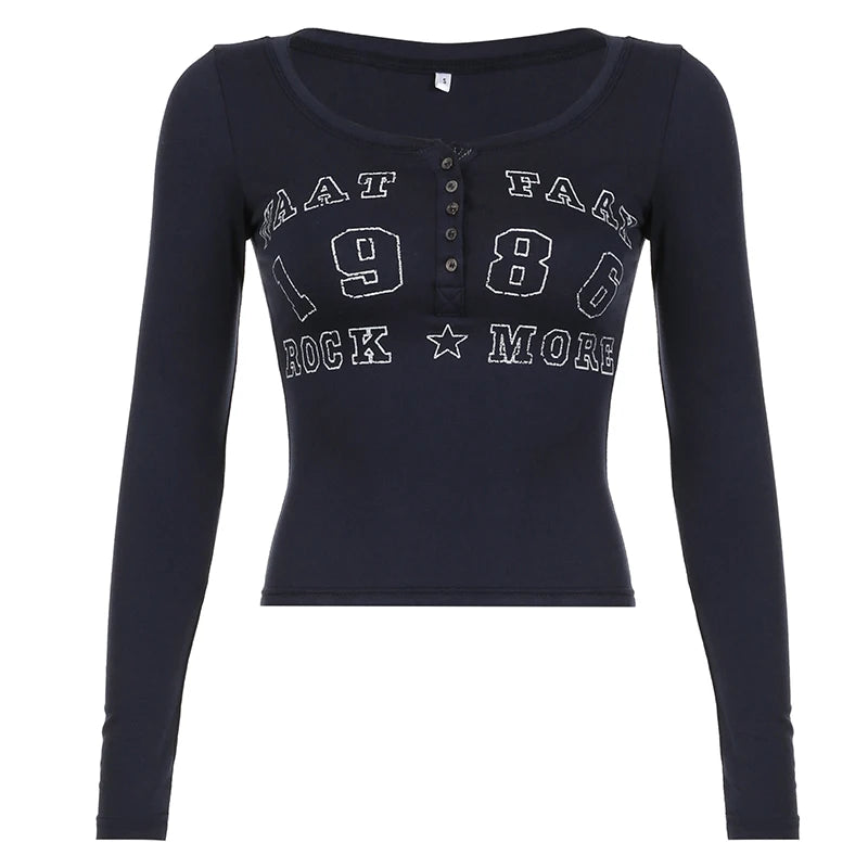 Camisa con cuello en V y botones con estampado de letras retro americanas para mujer, blusa nueva de otoño, blusa básica ajustada de punto, camisetas de calle, moda