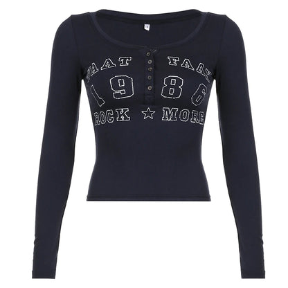 Camisa con cuello en V y botones con estampado de letras retro americanas para mujer, blusa nueva de otoño, blusa básica ajustada de punto, camisetas de calle, moda