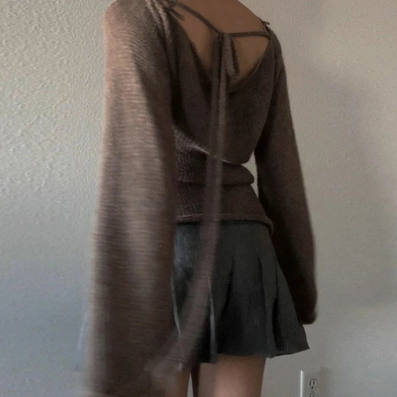 Suéteres de punto con espalda descubierta y lazo para mujer, jersey de manga larga con cuello barco, moda coreana, jerséis vintage Y2K, camiseta de otoño