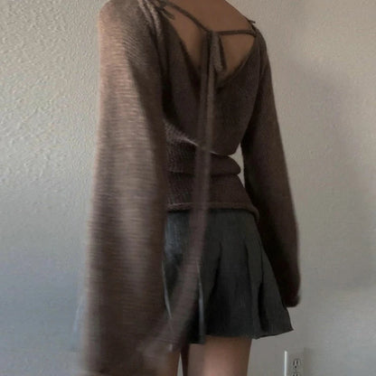 Suéteres de punto con espalda descubierta y lazo para mujer, jersey de manga larga con cuello barco, moda coreana, jerséis vintage Y2K, camiseta de otoño