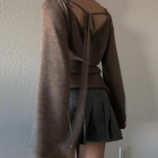 Suéteres de punto con espalda descubierta y lazo para mujer, jersey de manga larga con cuello barco, moda coreana, jerséis vintage Y2K, camiseta de otoño