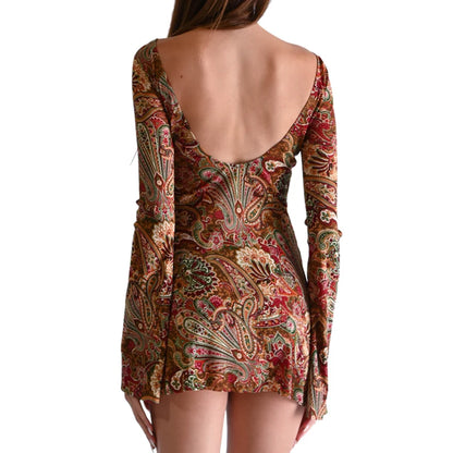 Vestido mini elegante de malla negra para mujer, ropa de calle, elegante, sexy, sin espalda, manga larga, estilo vintage de los 90, vacaciones, ropa con gráficos independientes.