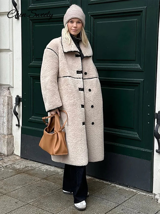 Abrigo largo de piel sintética beige de moda para mujer, chaqueta de invierno con solapa y botones, manga larga, forro polar de cordero, ropa de calle holgada para mujer 2025.
