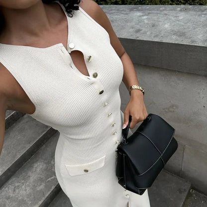 Vestido largo de punto de moda para mujer, elegante, sin mangas, con botones, maxivestido ajustado, vestidos de fiesta de moda para mujer