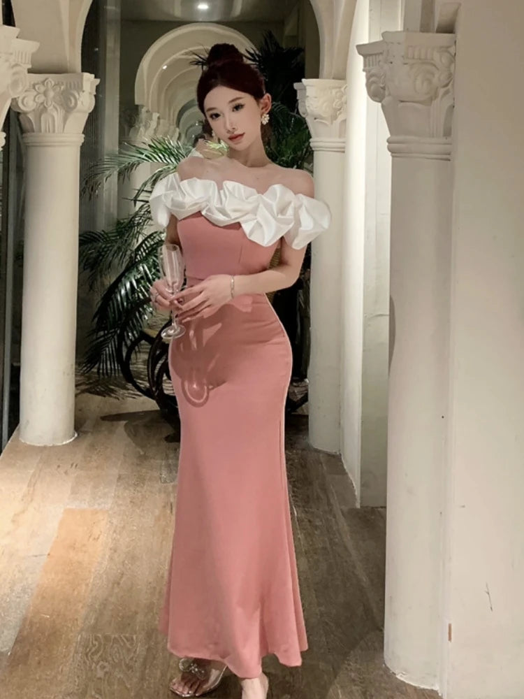 Vestido de fiesta sexy ajustado con hombros descubiertos para mujer, nuevo vestido de retazos de cintura estrecha, elegante, a la moda, para graduación, largo