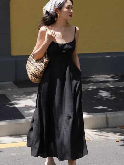 Vestido midi sin mangas estilo francés para mujer, liso, con tirantes finos y bolsillos, corte en A, informal, nuevo, moda coreana de verano.