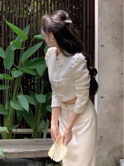 Conjunto de 2 piezas de satén estilo chino para mujer, blazer corto vintage, falda lápiz de cintura alta, traje de lujo para otoño