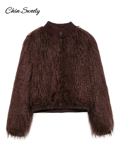 Abrigos de piel burdeos de moda para mujer, chaquetas holgadas, cálidas, gruesas, con cuello redondo y manga larga, para otoño e invierno, prendas de vestir para fiestas 2025