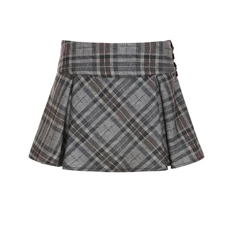 Faldas a cuadros fruncidas estilo academia para mujer, minifaldas de moda con diseño de lazo y botones que combinan con todo, estilo coreano