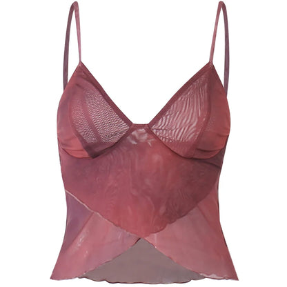Graphic Printed Mesh See Through Vest Women Sexy Casual V-neck Sleeveless Suspender Camisole Patchwork Tank Top Y2K Streetwear