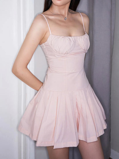 Vestidos plisados con tirantes finos, ajustados, sin mangas y acampanados para mujer, estilo dulce, ropa de verano