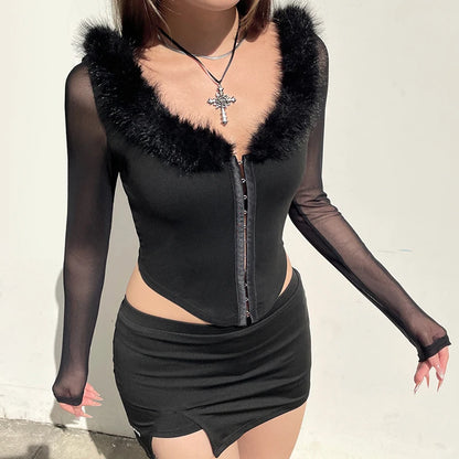 Top corto de cuello redondo peludo con retazos para mujer, camiseta de malla Y2K de manga larga con hebilla de gancho ajustada, conjuntos de moda sexy para dama