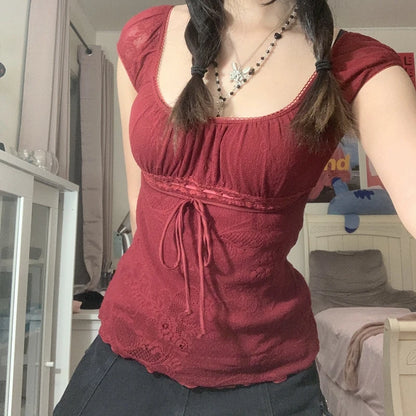 Elegante camiseta de cuello cuadrado para mujer, jersey de manga corta con lazo kawaii, camisetas Y2K vintage de hadas grunge, top corto para mujer, ropa retro