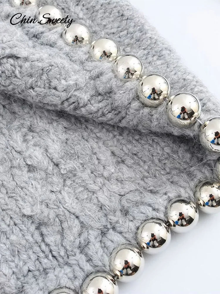 Vintage Beading Twist Pullover Women Knit Gray Long Sleeve High Collar Sweater Lady 2025 High Street Lady All-matching Knitwear