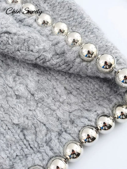 Vintage Beading Twist Pullover Women Knit Gray Long Sleeve High Collar Sweater Lady 2025 High Street Lady All-matching Knitwear