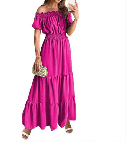 2025 Summer Vestidos Red Short Sleeve Sexy Club Party Evening Long Dress Slim Solid Color Robe Ruffles Elastic Waist Slash Neck