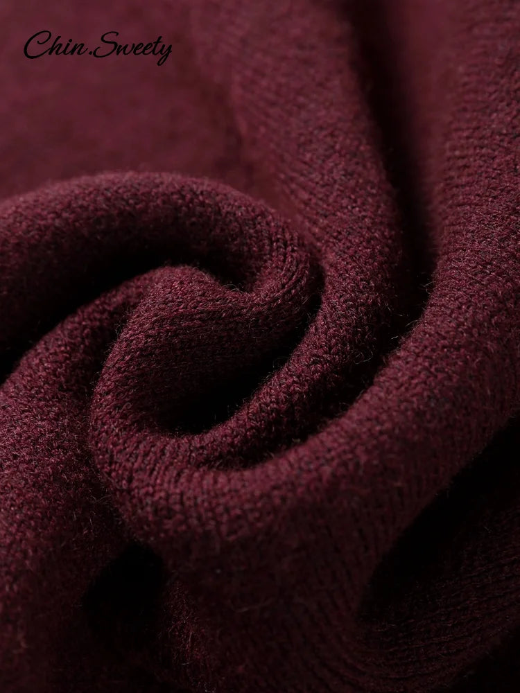 Suéter tipo capa burdeos holgado para mujer, tejido de cuello alto, manga raglán, prendas de vestir asimétricas para otoño