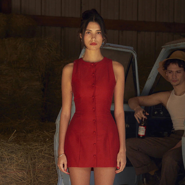 Vestido mini sexy sin mangas de moda para mujer, nuevo vestido de fiesta ajustado con cuello redondo y una sola botonadura para discoteca, ropa femenina