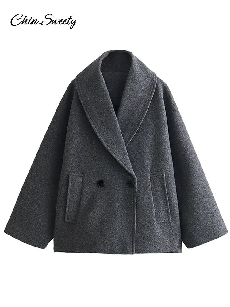 Retro Loose Woolen Blend Coat Women Lapel Double-Breasted Long Sleeve Pocket Thick Gray Jacket 2025 Autumn Spring Streetwear