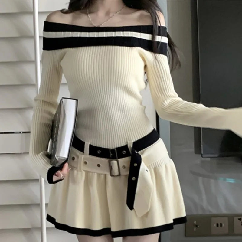 Minivestidos de punto informales ajustados Y2K para mujer, con hombros descubiertos, elegantes, de moda coreana, vestido de fiesta corto con cinturón, ropa nueva de otoño