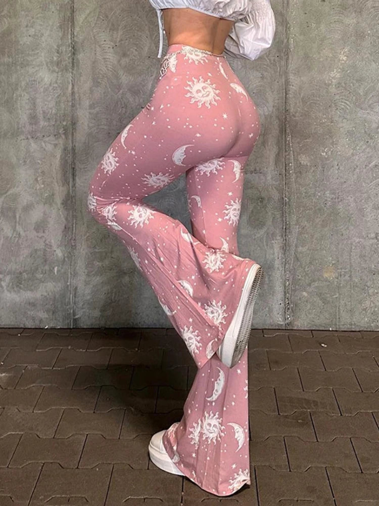 Pantalones rosas de moda de verano para mujer, pantalones casuales ajustados con estampado largo, acampanados, ropa de calle para mujer, pantalones abstractos de patchwork de tiro bajo Y2k