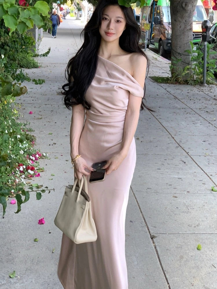 Elegante vestido largo ajustado de satén para mujer, con hombros descubiertos, liso, estilo sirena francesa, para boda, fiesta de noche, graduación