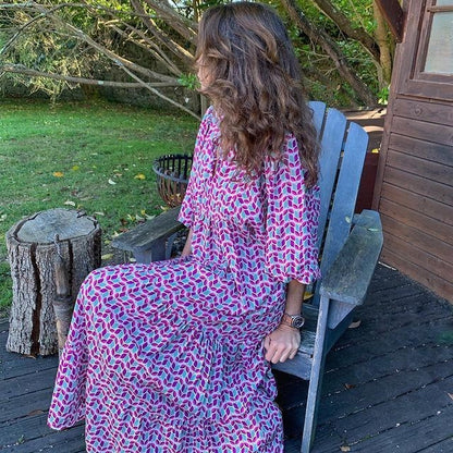 Vestido largo bohemio con mangas abullonadas para mujer, estilo vintage, elegante, informal, con estampado floral y cuello en V, holgado, para fiestas en la playa