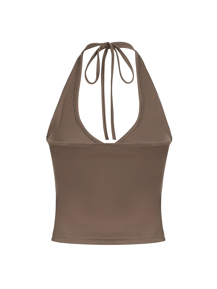 Top corto con cuello en V y lazo cruzado para mujer, liso, básico, informal, ajustado, sin espalda, sexy, sin mangas