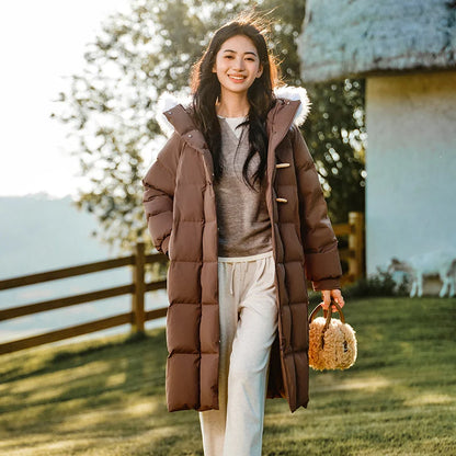 Chaqueta de plumón para mujer, larga, resistente al viento, holgada, de invierno, cálida, con cuello de piel y capucha.
