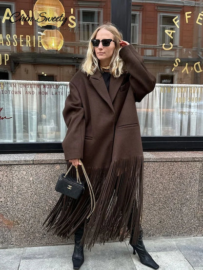 Abrigo largo de lana con borlas para mujer, chaqueta holgada de manga larga con solapa y botonadura sencilla, color marrón, primavera 2025