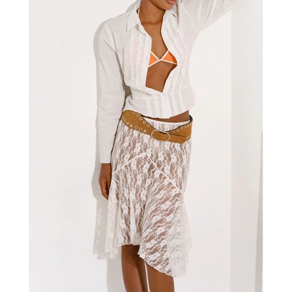 Falda de encaje para mujer, blanca, transparente, con encaje floral, cintura baja, midi, Y2K, estética Fairycore, falda playera, ropa de club.