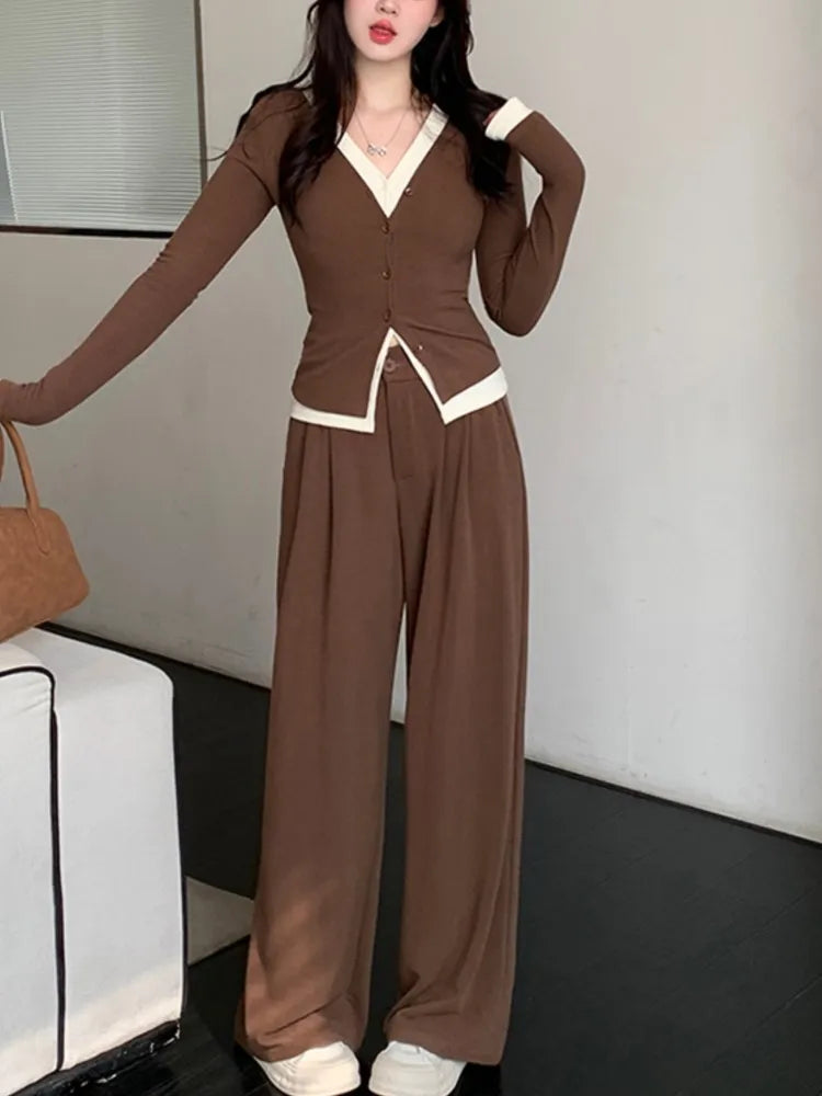 Conjunto de dos piezas de pantalón informal de otoño para mujer, manga larga, cuello en V, top de una sola botonadura, pantalones de pierna ancha, moda coreana, nuevo