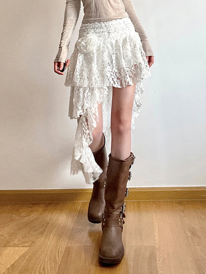 Falda de encaje asimétrica para vacaciones de verano para mujer, con lazo floral, estilo bohemio chic.