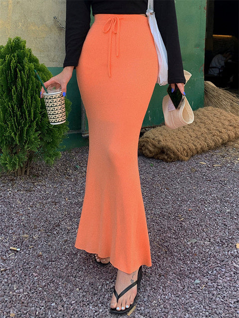 Lace-Up Slim High Waist Long Skirt Women Fashion Elegant Bandage Solid Autumn  Casual Drawstring Female Maxi Skirt