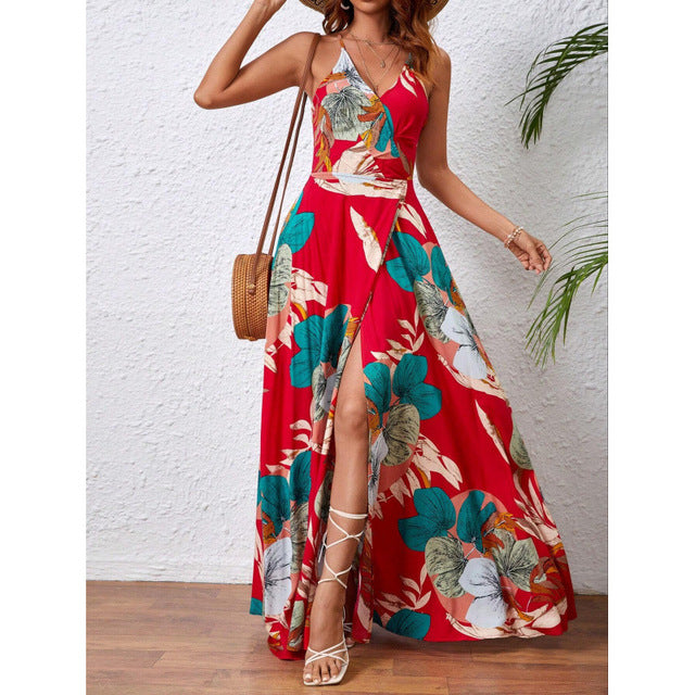 Fashion Flower Print Spaghetti Strap Dresses Women Sexy V-neck Backless Slit Long Dress Bohemian Style Vacation Beach Vestidos