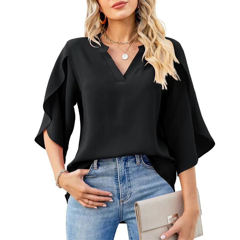 Blusas de verano para mujer, camisas casuales para dama, blusas de color liso con cuello en V y mangas cortas acampanadas