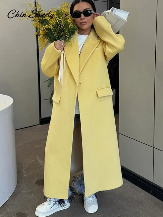 Abrigo largo de lana de moda para mujer, otoño, manga larga, botones, bolsillo falso, amarillo dividido, abrigo elegante de gran tamaño, nuevo en prendas de vestir exteriores