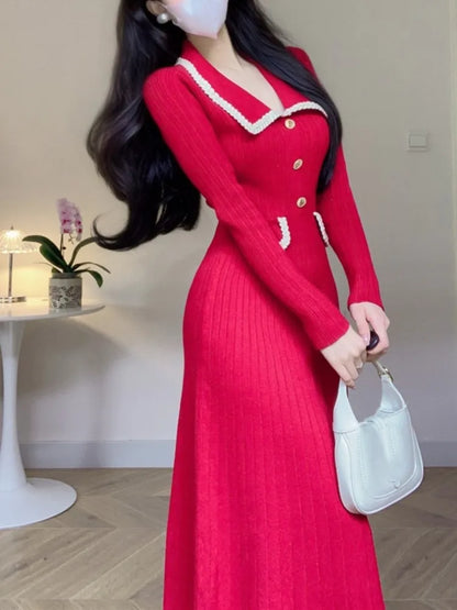 Vestidos de punto de otoño e invierno para mujer, cuello vuelto, moda coreana, corte en A, vestido liso informal, vestidos ajustados para mujer, nuevo