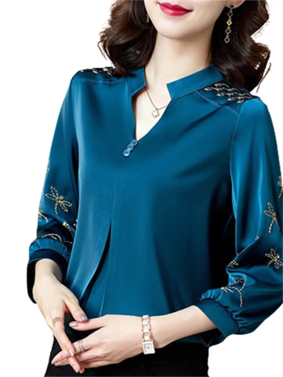 Blusas de primavera y verano para mujer, camisas de moda informal para mujer, blusas bordadas con cuello en V y mangas tres cuartos