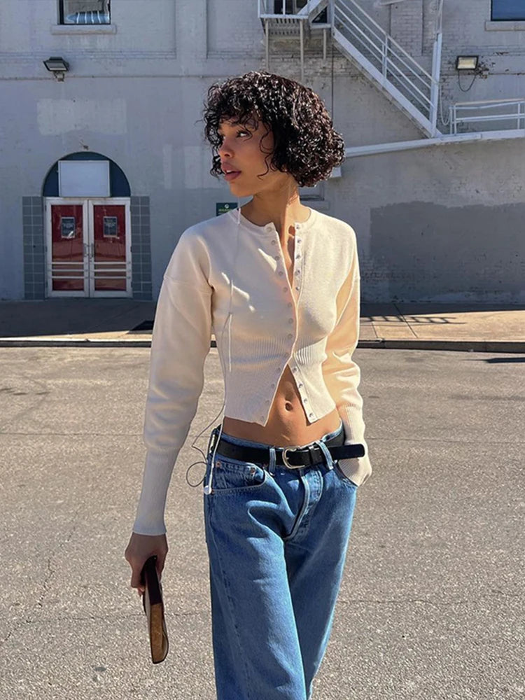 Cárdigan informal de punto liso con cuello redondo para mujer, suéteres ajustados de un solo pecho, moda de otoño para mujer, blusas sencillas de calle