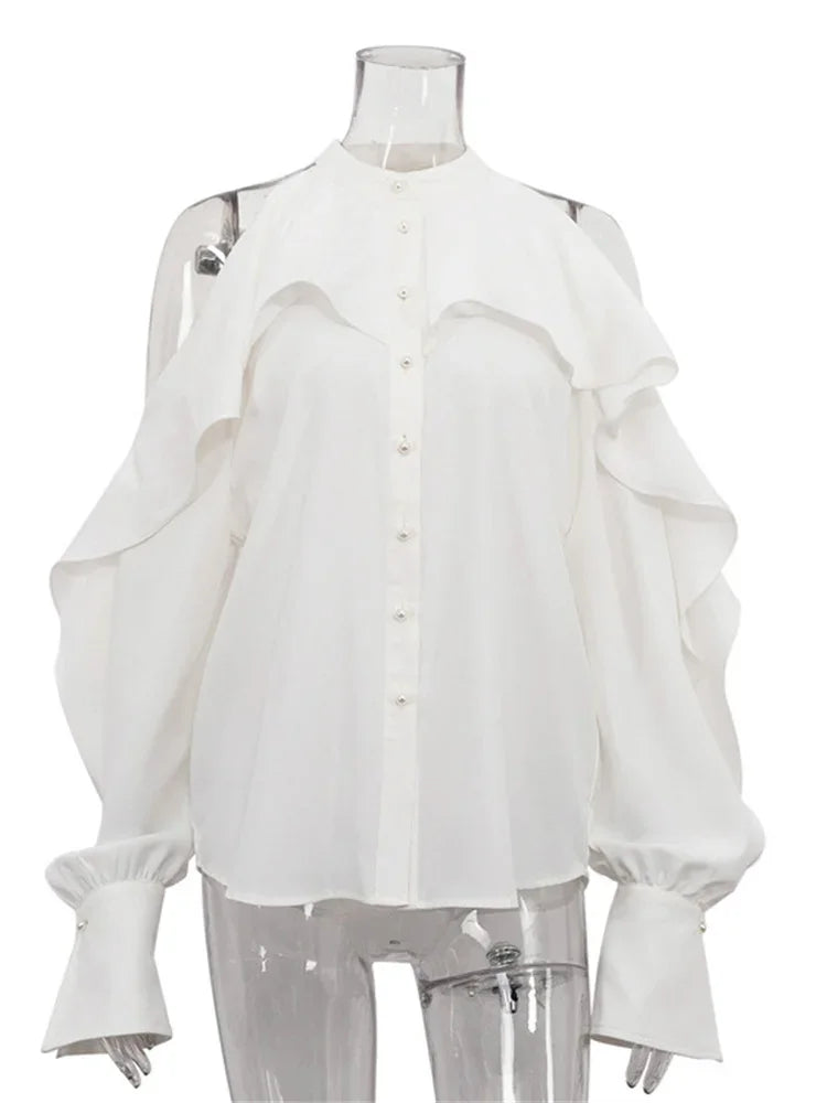 Blusa informal blanca con volantes para mujer, estilo patchwork, con hombros descubiertos, elegante, lisa, de cintura alta, estilo urbano, de verano
