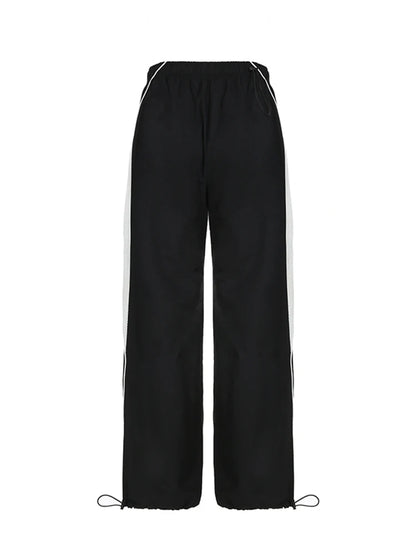 American Retro Casual Straight Leg Track Pants Women Side Contrast Patchwork Elastic Waist Hippie Jogging Trousers