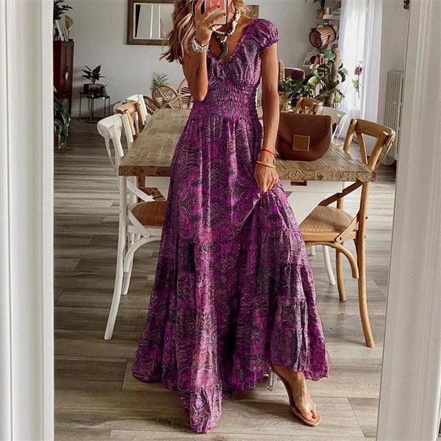 Vestidos largos con estampado bohemio para mujer, cuello en V, cintura elástica, mangas cortas, estilo casual de vacaciones, vestidos vintage de moda para mujer