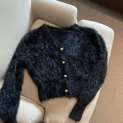 Cárdigan de punto de mohair recortado vintage para mujer, suéter con cuello en V, abrigo, ropa de calle coreana, prendas de punto en blanco y negro, jerséis ajustados sólidos, nuevo