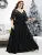 Vestido de noche de talla grande con cuello en V, bordado de lentejuelas, transparente, manga de trompeta grande, patchwork, falda completa de gasa, vestido de baile