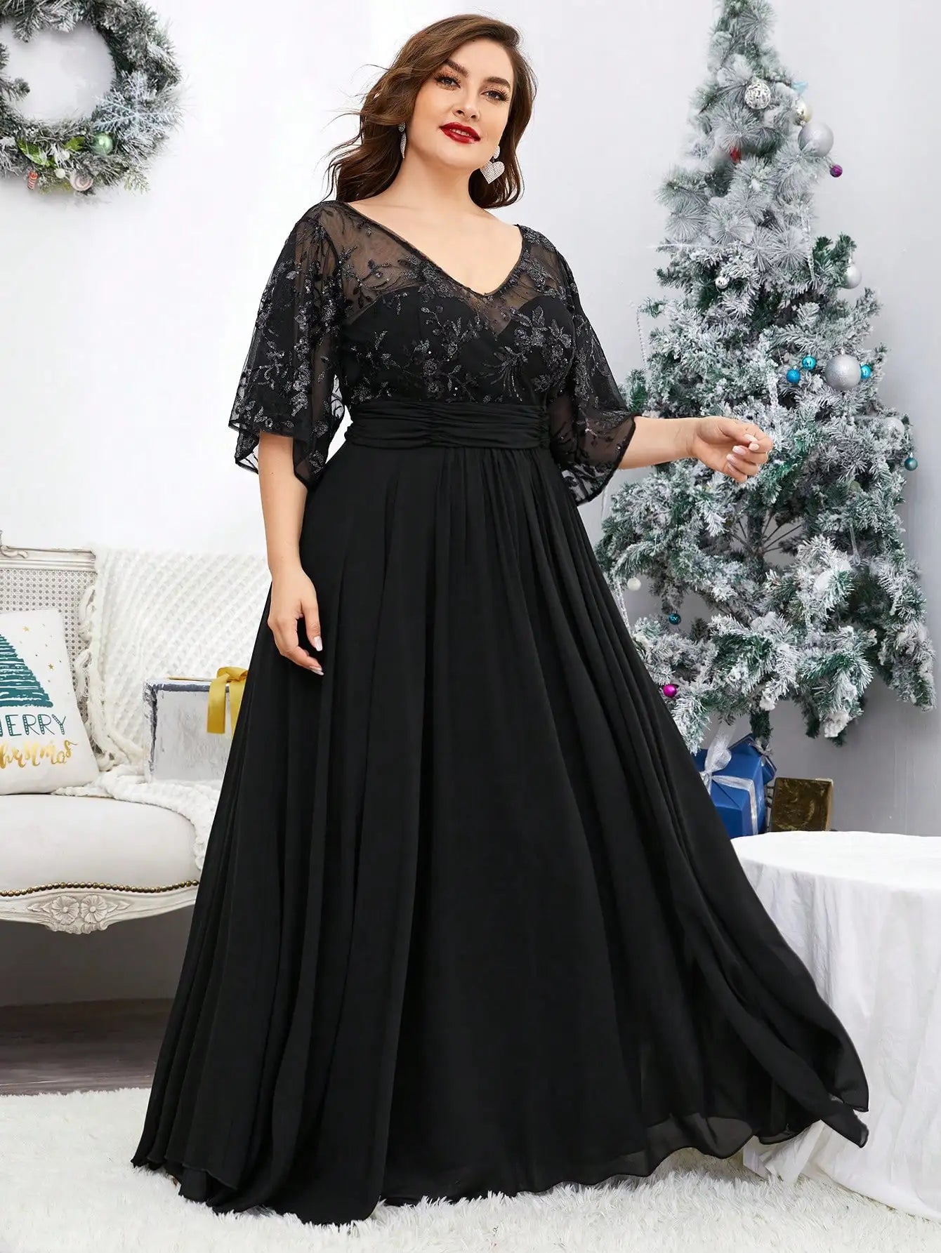 Vestido de noche de talla grande con cuello en V, bordado de lentejuelas, transparente, manga de trompeta grande, patchwork, falda completa de gasa, vestido de baile