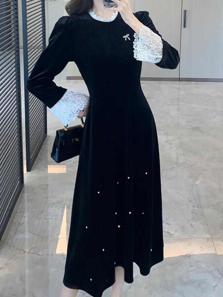 Mujer Primavera Verano Nuevo Elegante Terciopelo Patchwork Midi A Line Vestidos Manga Larga Dama Fiesta Moda Una Pieza Bata