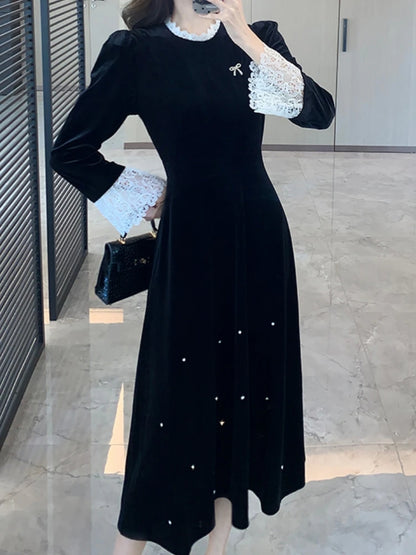 Mujer Primavera Verano Nuevo Elegante Terciopelo Patchwork Midi A Line Vestidos Manga Larga Dama Fiesta Moda Una Pieza Bata