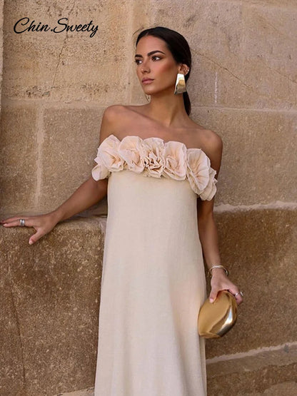 Elegant 3D Flower Knit Long Dress Women Off Shoulder Backless Loose Party Beach Vacation Dresses 2025 Spring Lady Knitwear New
