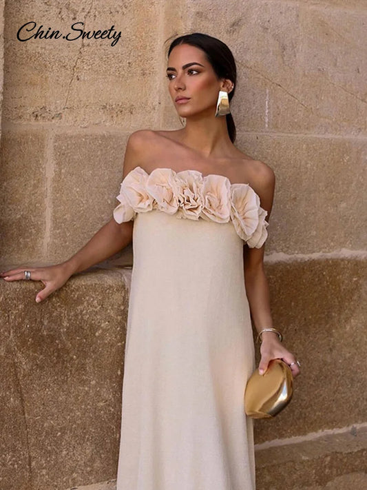 Elegant 3D Flower Knit Long Dress Women Off Shoulder Backless Loose Party Beach Vacation Dresses 2025 Spring Lady Knitwear New